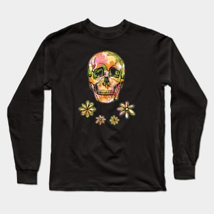 Floral skull with hippie 70s flowers Long Sleeve T-Shirt